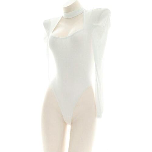 White sexy lingerie One-piece Long Sleeve women Japanese Cute hollow Underwear fashion nightdress outfit uniform