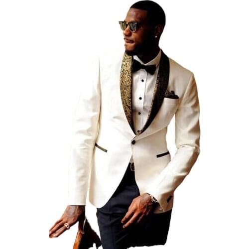 White Groom Tuxedos for Groomsmen with Floral Shawl Lapel 2 Piece Slim Fit Men Suits Jacket Black Pants African Male Fashion