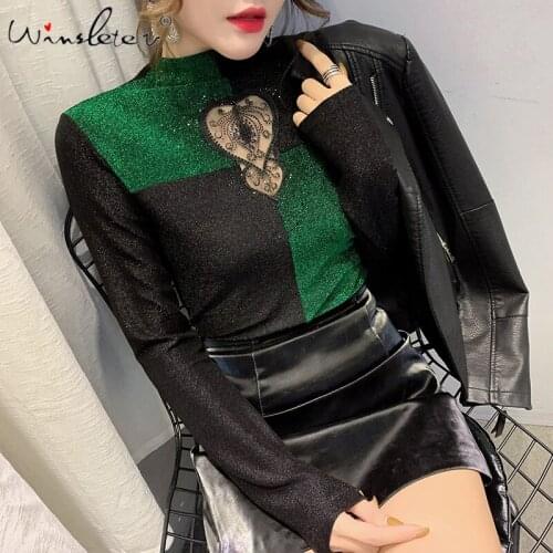 Shiny T-shirt Women Hollow Out Diamonds Color Block Mock Neck Long Sleeve T shirt Tops Tee Casual ropa mujer T02404B