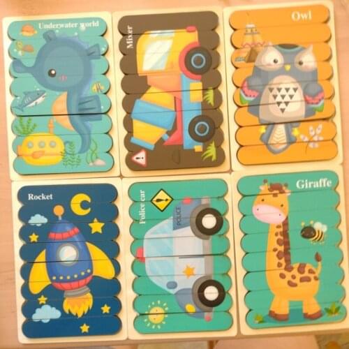 Wooden Toy Puzzle 3D Double-sided Strip Animal Stacking Jigsaw Montessori Educational Toy for Children Kids Baby Toys Brain Toys