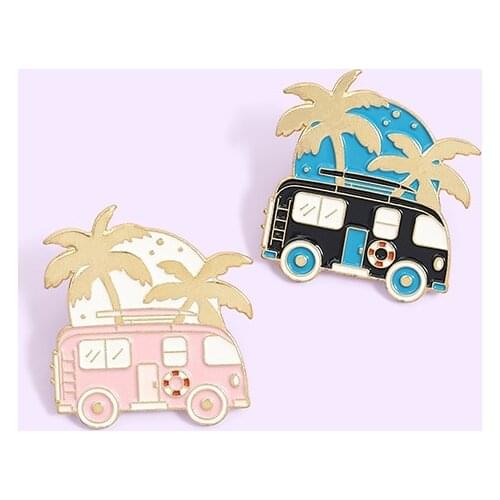 XEDZ Tour Bus Enamel Badge Romantic Summer Starry Sky Coconut Tree Cute Pink Pop Brooch Punk Lapel Pins Jewelry Gifts to Friends