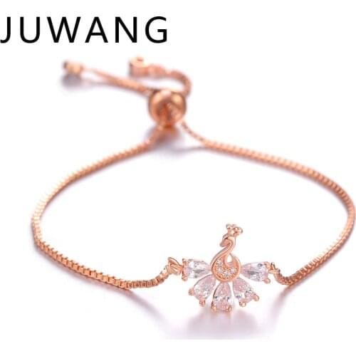 JUWANG Wholesale Cubic Zirconia Peacock Charm Chain Bracelets For Women Girl Adjustable Bracelet Bangles Fashion DIY Jewelry