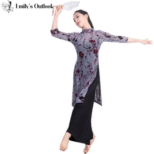 Chinese Style Classical Dance Cheongsam Long Sleeve Flocking Floral Training Dress Wide Leg Modal Pants Practice Clothes Red