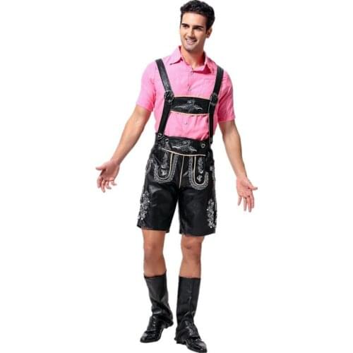 Adult Man Oktoberfest Beer Costume Shirt Lederhosen Suspender Set Outfit Black Leather Bar Waiter Fancy Dress