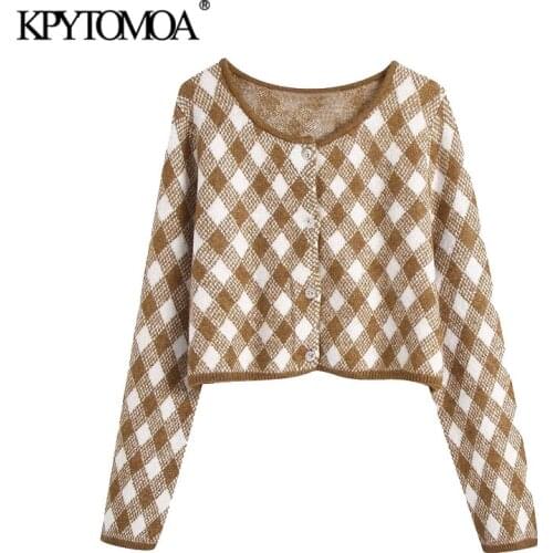 KPYTOMOA Women 2020 Fashion Argyle Cropped Knitted Cardigan Sweater Vintage Long Sleeve Button-up Female Outerwear Chic Tops