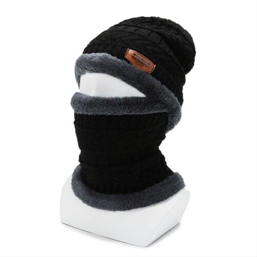 Neck warmer knitted hat scarf set fur Wool Lining Thick Warm Knit beanies balaclava Winter Hat For men women Cap Warm male hat