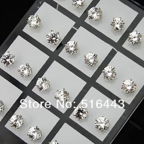 Wholesale Jewelry Lots 48pcs 6mm Clear Austria Cubic Zirconia Stainless Steel Fashion Stud Earrings for Womens Mens A-634