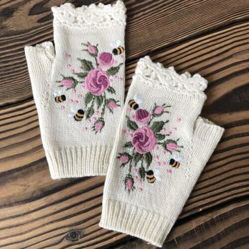 Autumn Honeybee Flower Embroidery Gloves Womens Winter Warm Gloves Wool Weaving Knitted Gloves