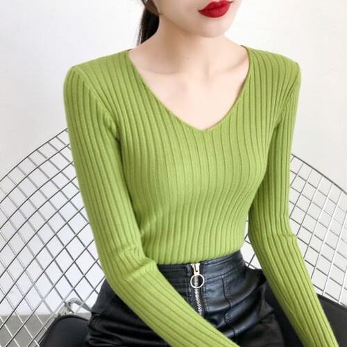 2020 NEW Basic V-Neck Solid Autumn Winter Sweater Pullover Women Female Knitted Sweater Slim Long Sleeve Bodycon Sweater Cheap
