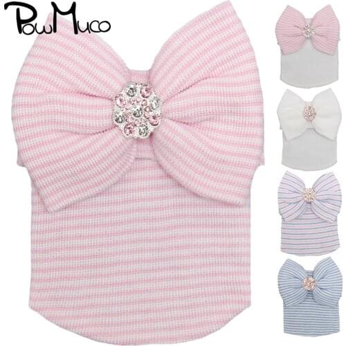 Powmuco 10*9 CM Handmade Knitting Big Bowknot Hats Colorful Rhinestone Bows Baby Girls Caps Newborn Striped Crochet Bonnet