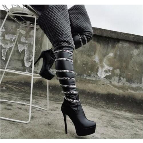 Drop Shipping Sexy Woman Black Leather Platform Sliver Chain Over The Knee Boots Female Thick Sole Stiletto Heels Thigh Boots
