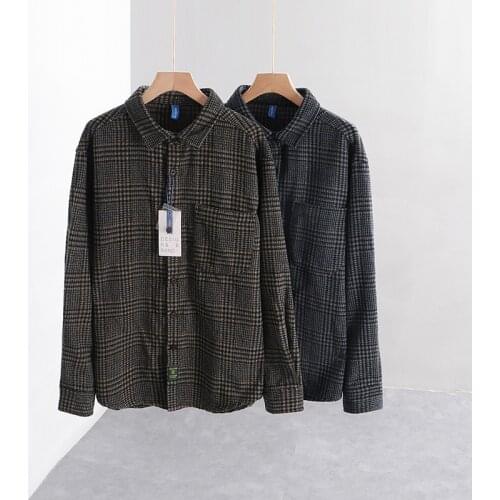 D223 Autumn Winter Men Plaid Shirts Thicken Long Sleeve Business Office Gentlemen Classic Slim Drop Shoulder Lapel Pocket Tops