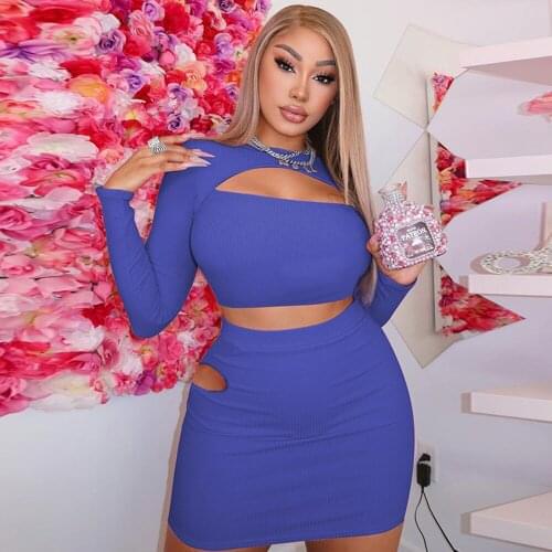 Sexy Hollow Out Clubwear 2 Piece Skirt Set for Women Matching Sets Crop Top and Mini Skirt Bodycon Streetwear Birthday Outfits