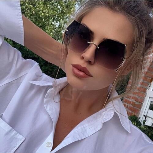 High Quality Womens Square Sunglasses Men Metal Rimless shades Luxury Oversized Sunglasses With Chain Female Lady Eyewear UV400