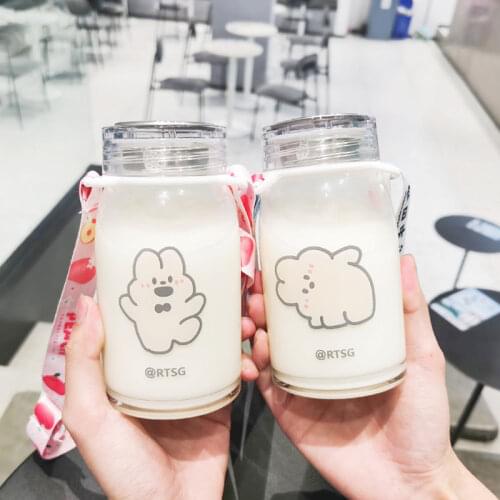 450ml Cartoon Rabbit Glass Water Bottle Thick Heat Resistance Drinking Bottles Cute Milk Coffee Tumblers for Student Girl Gift