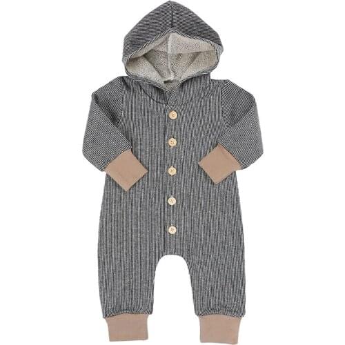 Kaiya Angel Baby Boys Hoodle Spring Romper Long Sleeve Button Striped Clothes 2019 Wholesale Newborn Spring Autumn Jumpsuit