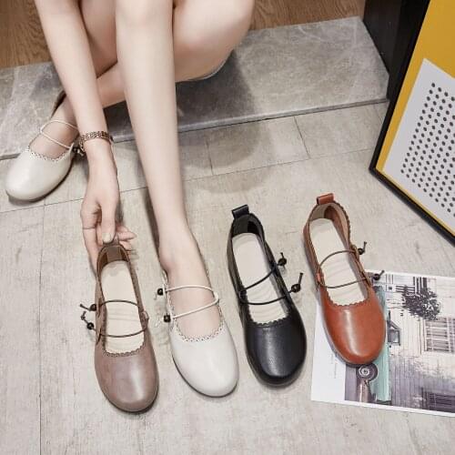 Women Shoes Round Toe Ladies Retro Sandals Flats Ballet Zapatos De Mujer Genuine Leather Mary Janes Casual Buckle