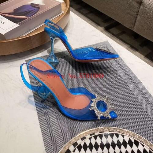 Woman Designer Shoes Blue Begum Glass Slingback Pumps Transparent Clear Crystal New Release Runway Catwalk Wedding Shoes