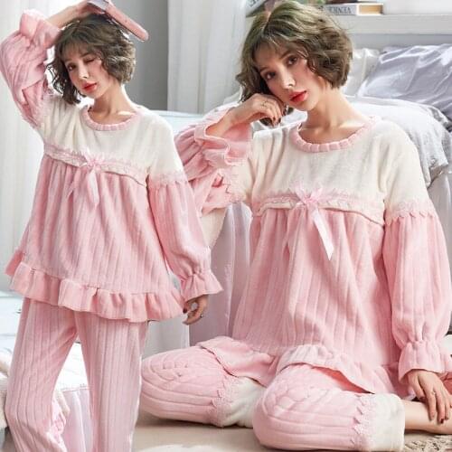 Postpartum Women Pajamas Flannel Long Sleeve Maternity Adjustable Trousers Pregnant Nursing Bedgown Set Bowknot Turn-down Collar