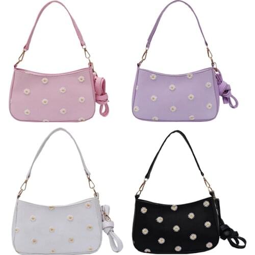 Daisy Embroidery Shoulder Purse for Women Fashion Elegant Handbags Leather Totes Bags Phone Pouch Female Crossbody Bag Bolsos
