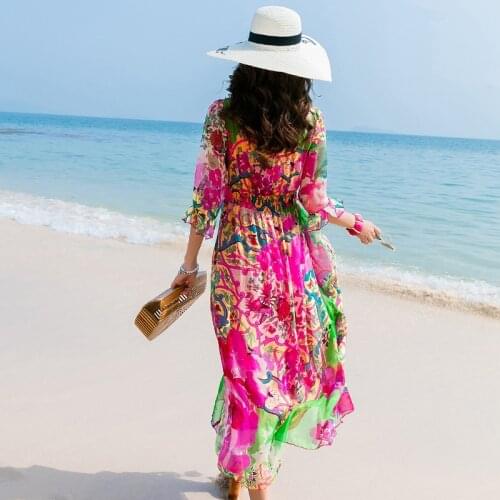 Summer Spring Silk Long Dress Women Long Print Floral Dress Elegant Ladies Party Office Wear Vestidos Verano LWL266772