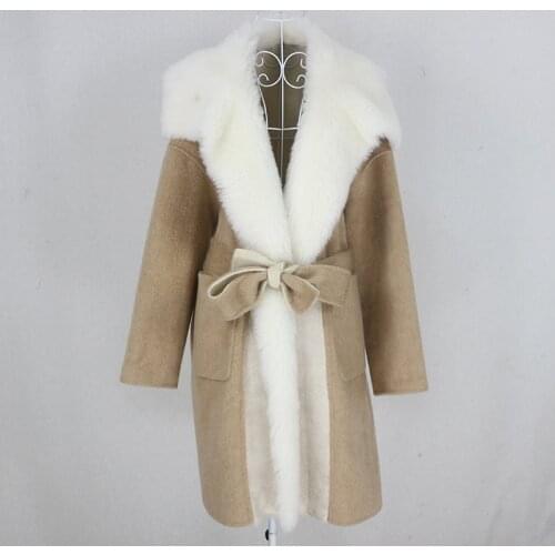 OFTBUY 2021 Casual Oversize Loose Cashmere Wool Blends Real Fur Coat Winter Jacket Women Natural Wool Fur Collar Outerwear Belt