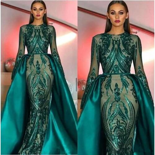 2020 Dubai Emerald Green Long Sleeves Mermaid Evening Dress with Detachable Train Abaya Kaftan Muslim Prom Dress robe de soiree