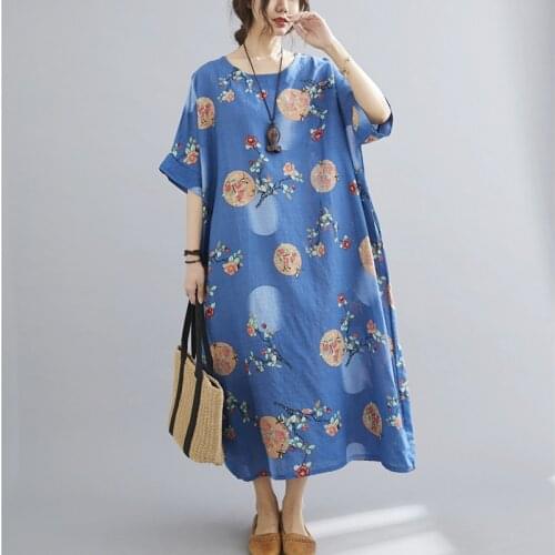 Thin Soft Cotton Linen Loose Summer Dress 2021 New Arrival Print Floral Vintage Dress Women Holiday Travel Casual Beach Dress