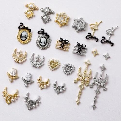 10pcs Baroque Bow Flower Chain Zircon Crystals Rhinestones Pearl Nail Art Jewelry Decorations Nails Accessories Charms Supplies