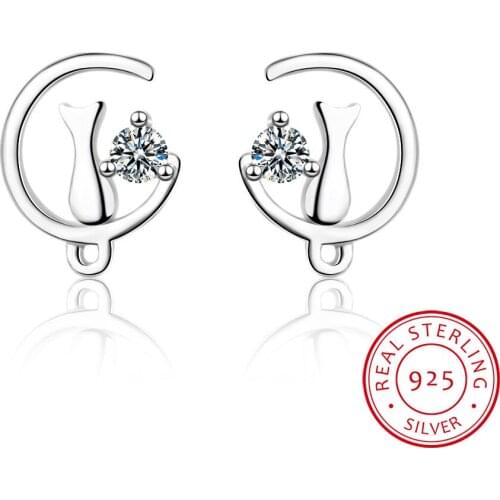 2019 New Womens Fashion 100% 925 Sterling Silver Fashion Small Cute Cat on The Moon Stud Earrings Girls Kids Gift DT74