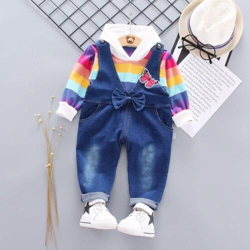 IENENS Girl Autumn Clothes Set Striped Sweatshirt + Overalls Suit Child Clothing Kids Cute Casual Outfit 1-4 Y Baby Hoodies Wear