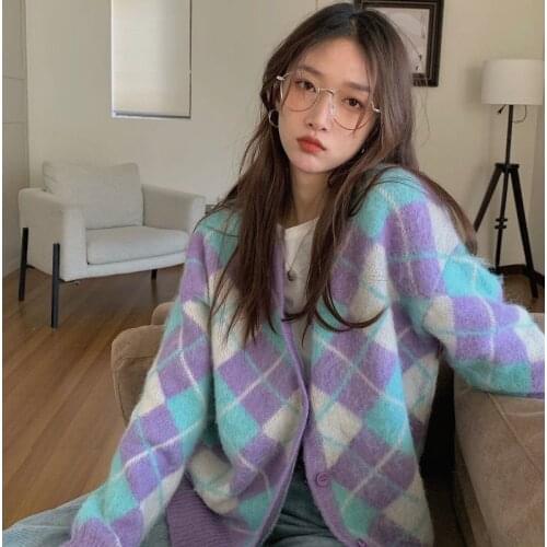 Vintage Geometric Rhombic Cardigan Sweater Women coat Autumn Warm Long Sleeve Outerwear 2021 cardigan V-Neck y2k Chic Knit Tops
