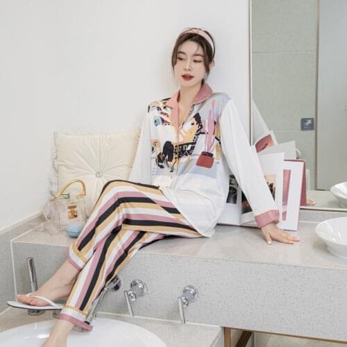 New Summer Pajamas Womens Ice Silk Long Sleeve Nightgown Rayon Suit Fashion Leisure Thin rayo Two Piece Set Home Wear Sleepwear