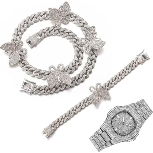 3pcs Kit Iced Out Hip Hop 12MM Full Paved Rhinestones Miami Bling Butterfly Cuban Necklace+Watch+Bracelet For Women Man Jewelry