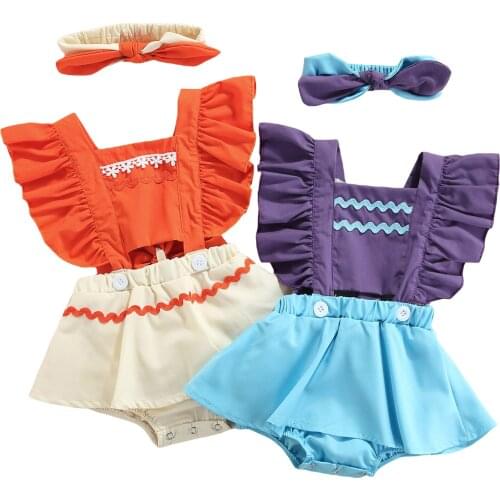 Citgeett Summer Infant Baby Girls Clothes Set Sleeveless Square Collar Jumpsuit Bodysuit Ruffles + Bow-knot Headband