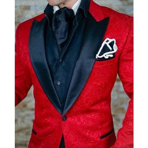 Fashionable One Button Red Paisley Groom Tuxedos Peak Lapel Groomsmen Mens Wedding Suits Blazers (Jacket+Pants+Tie) W:625