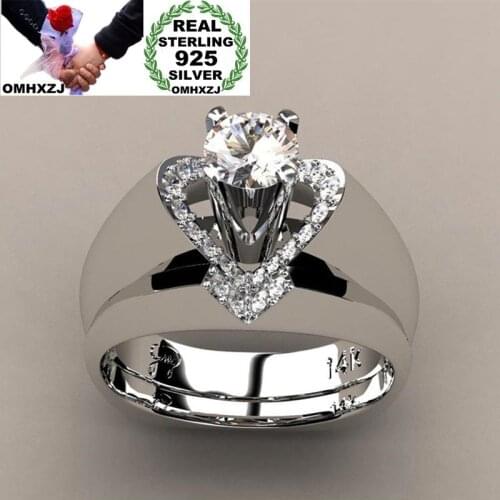 OMHXZJ Wholesale European Fashion Woman Man Party Wedding Gift Silver White Heart AAA Zircon 925 Sterling Silver Ring Set RR02