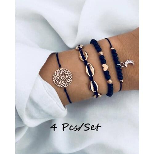 Bohemian 4 Pcs/Set Hollow Flower Alloy Shell Bracelet Set Women Crystal Moon Weave Black Rope Heart Beads Bracelet Jewelry Gifts