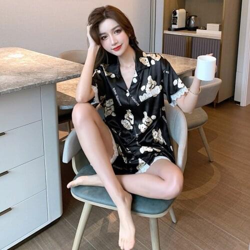 Summer New Ladies Pajamas Set Cartoon Print Sexy Silk Pajamas Short-sleeved Nightgown Sweet Girl Bud Silk Soft Sleepwear