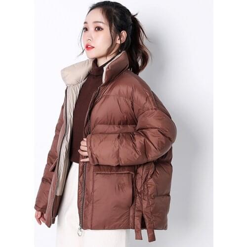 New Color Patchwork Down Cotton Coat Women Fashion Lightweight Turtleneck Loose Short Bread Coats Tide Female JD1607