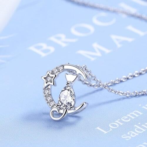 Fashion Womens S925 Silver Platinum Plated Zircon Cat Star Pendant Personalized Necklaces XL135