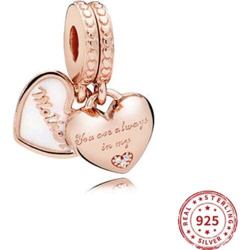 Real 925 sterling silver Beads DIY Rose gold Mother Heart Charm Beads Suitable fit Original Pandora Bracelet Women Jewelry 2021