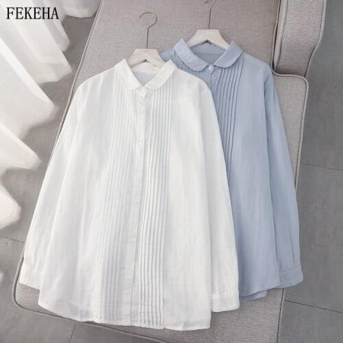 Cotton Yarn Shirts Women Blouses Long Sleeve Loose Lady Tops Solid Female Clothes