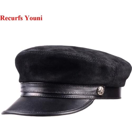 RY924 Spring Genuine Leather Suede Hats For Men/Women Unisex Navy Caps With Metal Belt Brown/Purple Leisure Flat Cap Xmas Gift