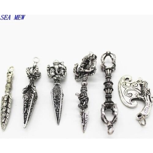 SEA MEW 2 PCS Tibetan Silver Color Alloy Buddhist Vajry Pestle Pendant Charms For Jewelry Making