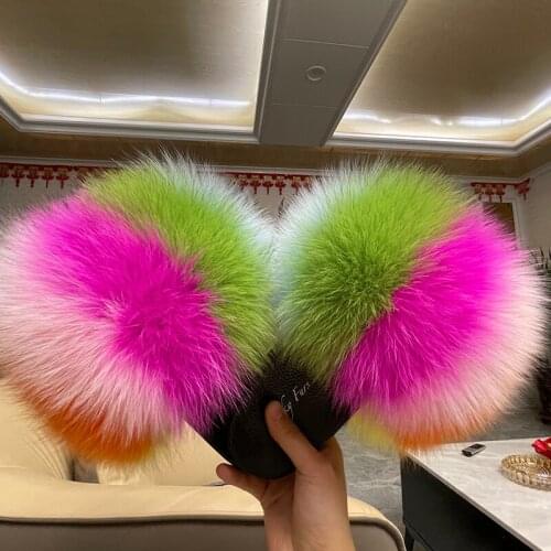 Summer Hot Womens Soft Raccoon Fur Slides Ladies Fox Fur Slippers Furry Sandals Female Indoor Flip Flops Fluffy Home Plush Shoe