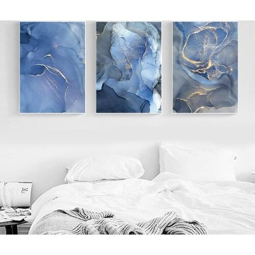 Blue Marble Texture Golden Border Wall Art Canvas Modern Abstract Posters And Prints Nordic Painting Pictures Home Decoration