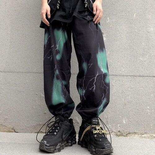 Lightning print sweatpants lovers elastic waist wide leg slacks for men and women trendy streetwear korean mens hip hop clothing