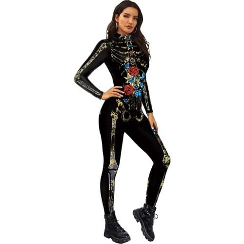 [You're My Secret] 2021 Halloween Goth Skeleton Printed Bodysuit Death Rose Butterfly Tights Black Jumpwear Long Sleeves Catsuit