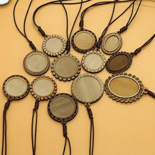 5PCS/lot inner round oval 25 30 35mm wood cabochon settings blank cameo pendant base trays with leather cord for jewelry making